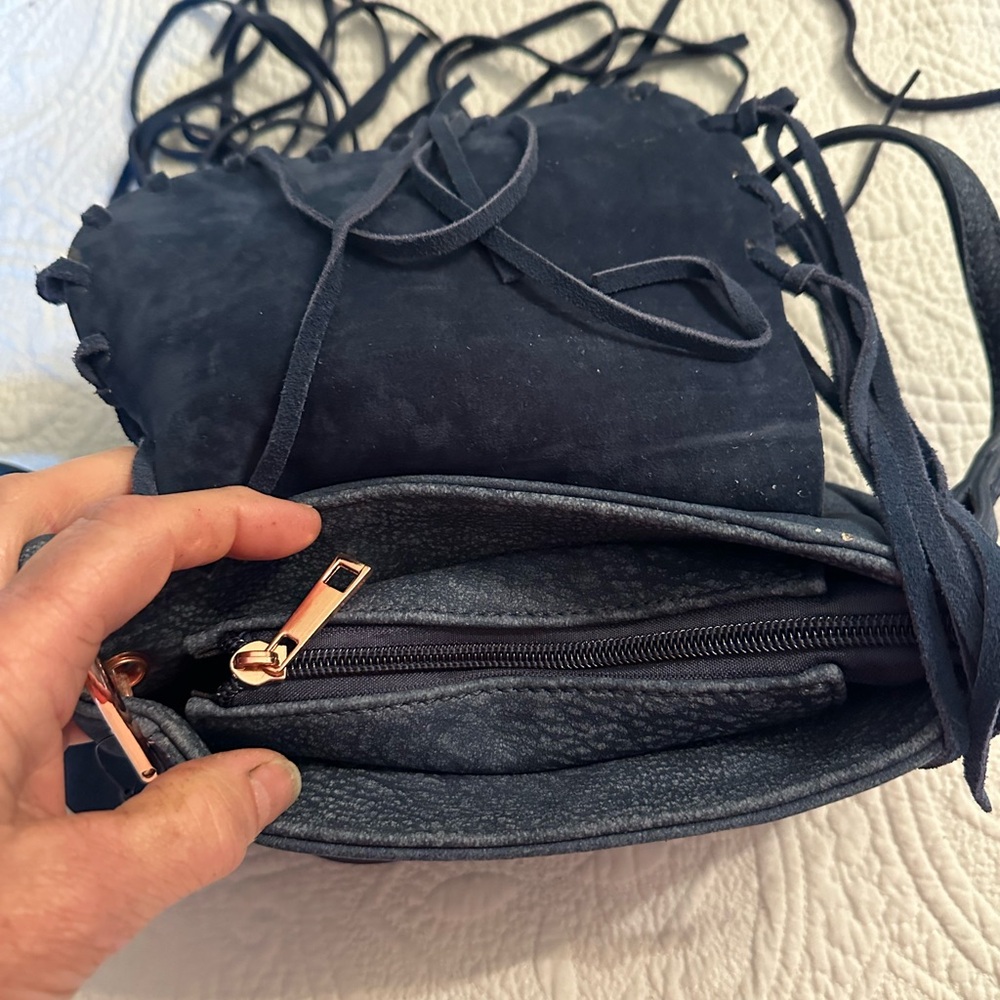 Free People Suede Blue Fringe Handbag Crossbody NWOT - Picture 10 of 13